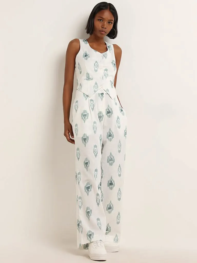 Bombay Paisley Teal Ikat Printed Mid Rise Cotton Blend Flared Pants
