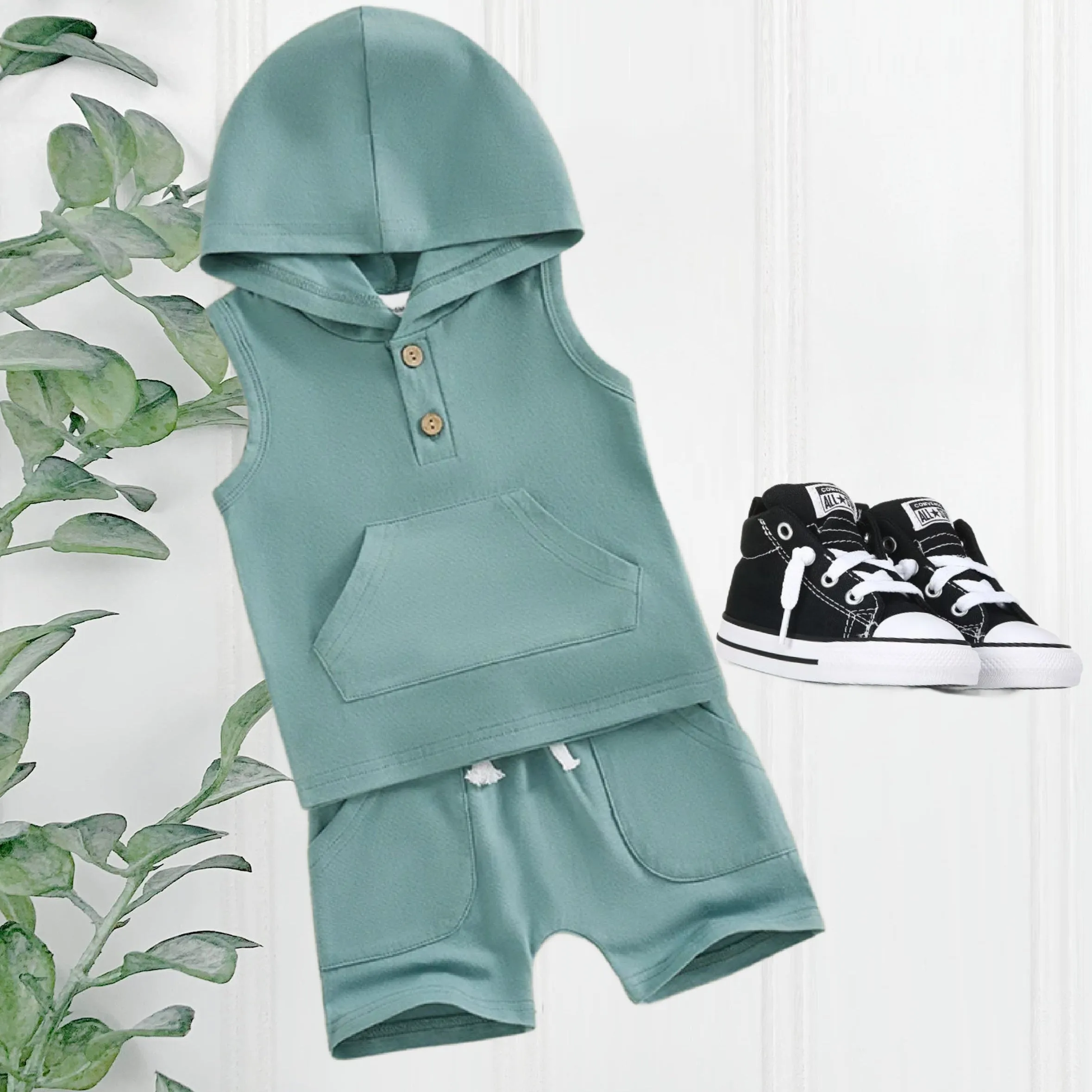 Boys 2 Piece Shorts Sets - Sea Green Hooded Sleeveless with Pocket