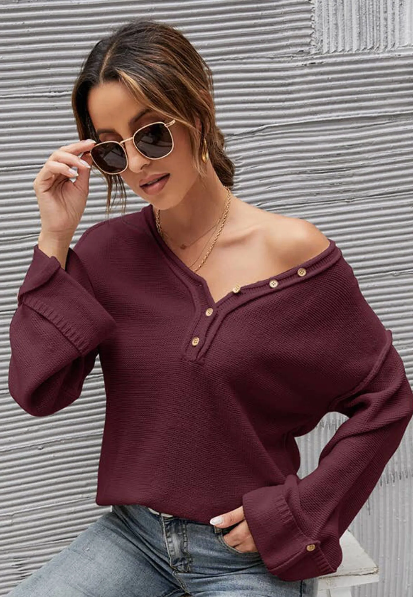 C D M Burgundy Henley Sweater