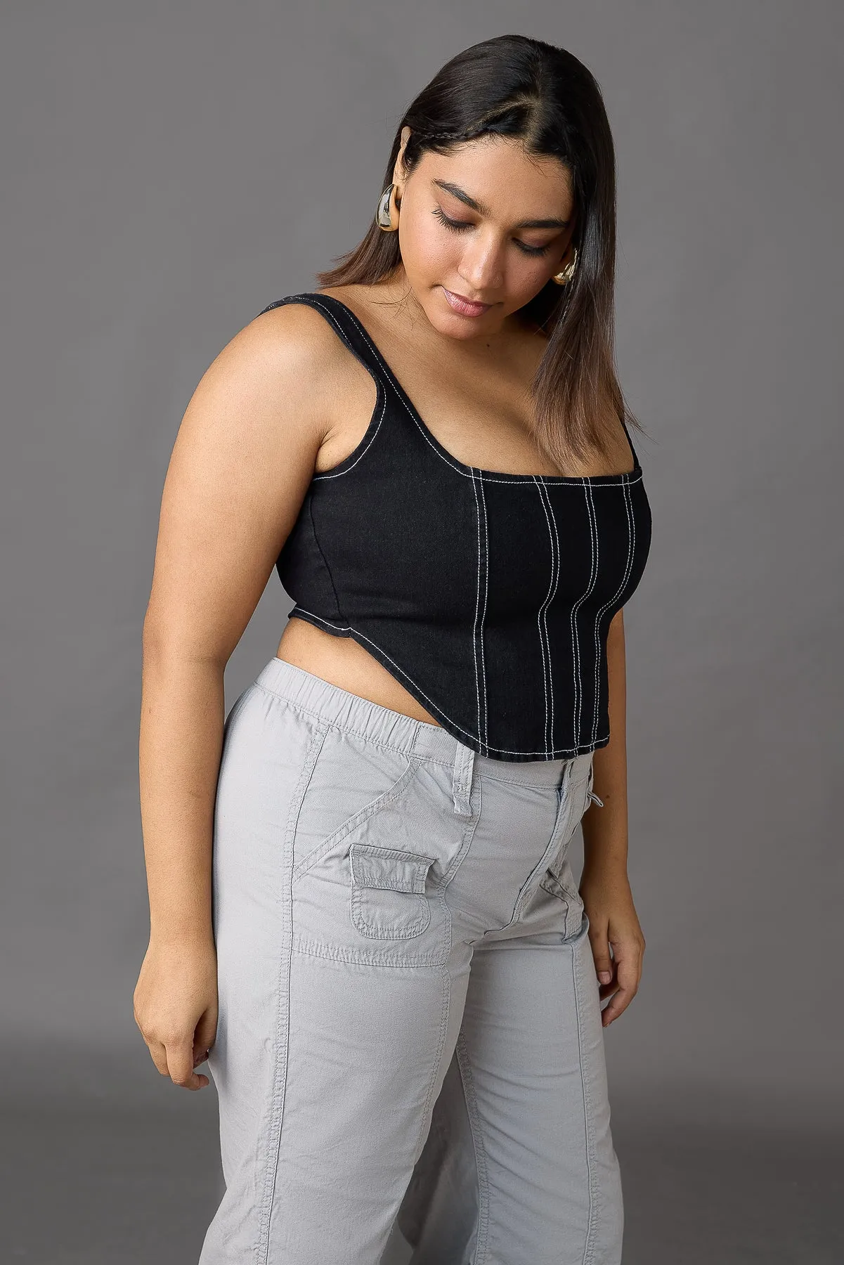 Contrast Stitch Black Denim Curve Bustier