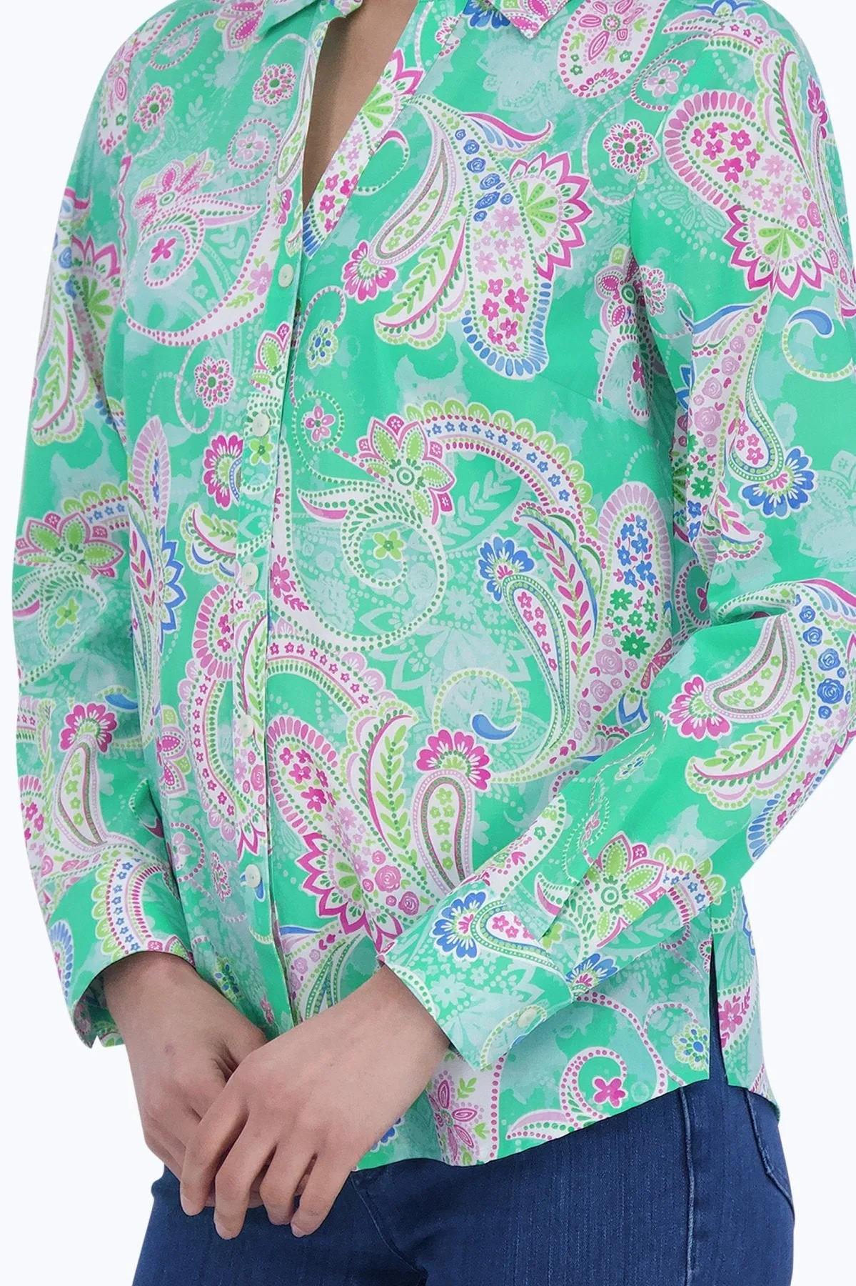 Mary No Iron Green Paisley Shirt