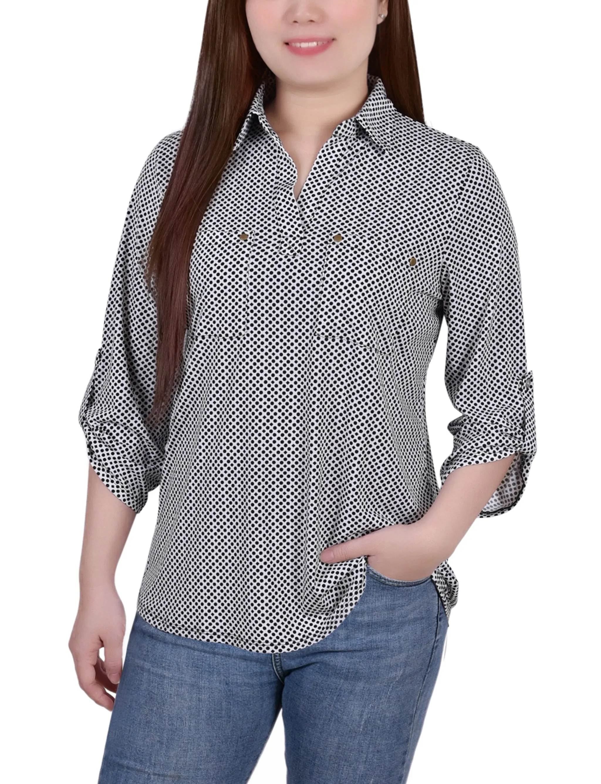 Petite 3/4 Roll Tab Sleeve Studded Y Neck Top
