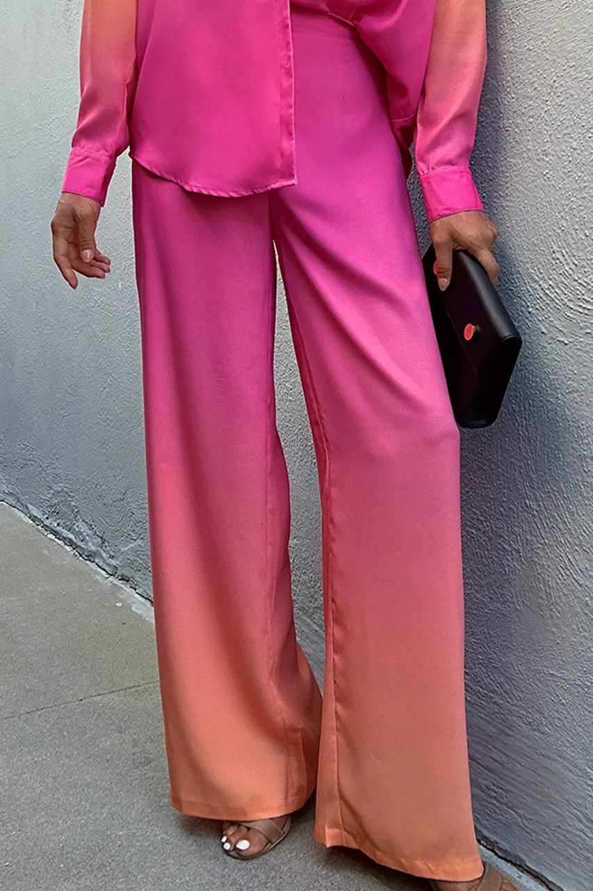 Pink-Orange Gradient Shirt and Wide-Leg Pants Set-BlackBeads