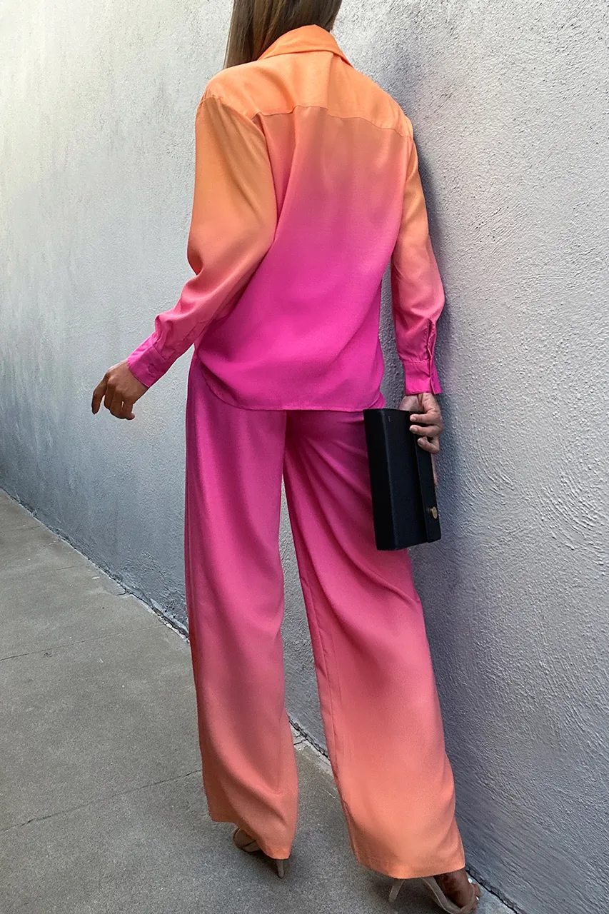 Pink-Orange Gradient Shirt and Wide-Leg Pants Set-BlackBeads