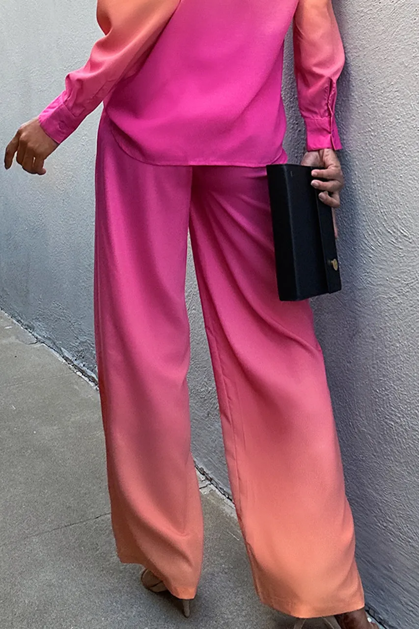 Pink-Orange Gradient Shirt and Wide-Leg Pants Set-BlackBeads