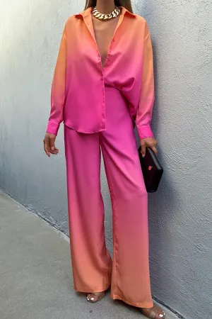 Pink-Orange Gradient Shirt and Wide-Leg Pants Set-BlackBeads