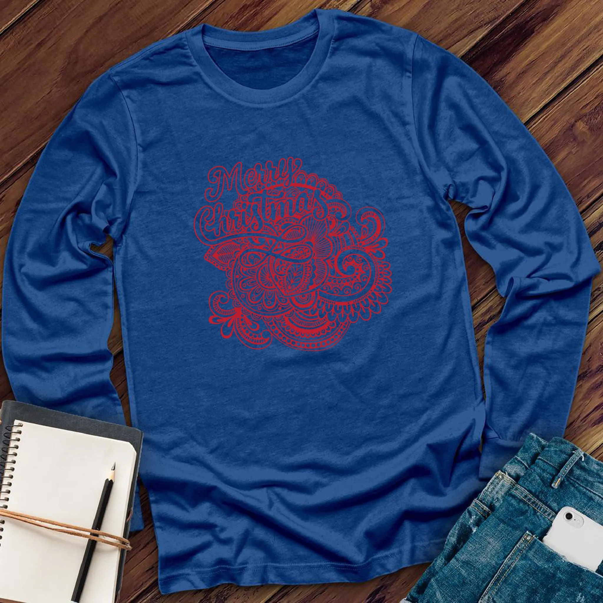 Red Merry Christmas Mandala Long Sleeve