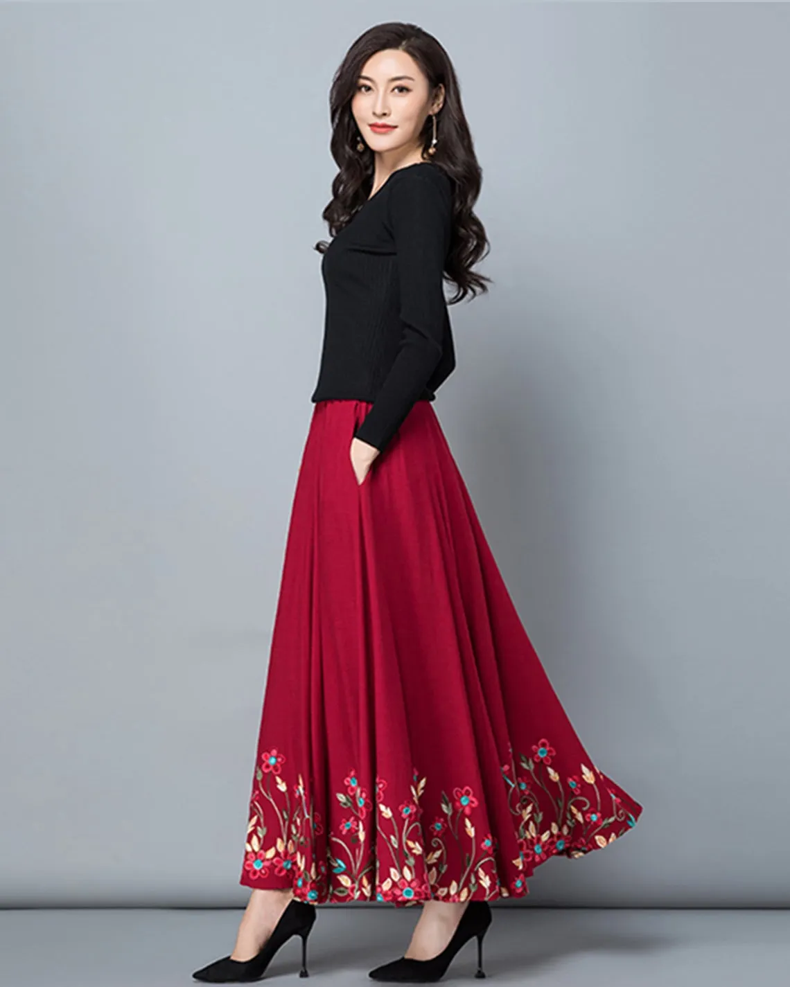 Women's linen skirt, maxi skirt, embroidered skirt, elastic waist skirt, flare skirt, cotton skirt, high waist skirt, long skirt, A-line skirt Q0056